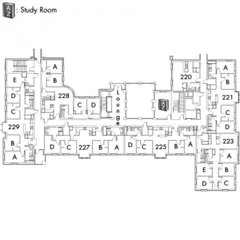 Village House 2 Floor 2 plan, rooms 220, 221 A,B,C and D, 223 A,B,C,D and E, 225 A,B,C and D, 227 A,B,C and D, 228 A,B,C and D, 229 A,B,C,D and E, with lounge, AZ study room and three stairwell.