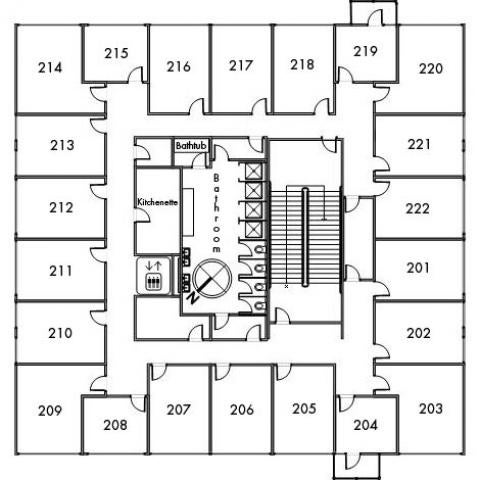 Norton House Floor 2 plan, room 201, 202, 203, 204, 205, 206, 207, 208, 209, 210, 211, 212, 213, 214, 215, 216, 217, 218, 219, 220, 221 and 222, with bathroom, elevator, kitchenette, bathtub, one stairwell and a southeast orientation.