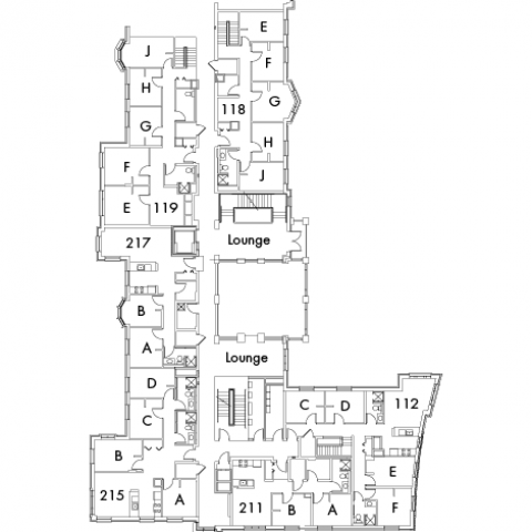 Village House 6 Floor 2, rooms 112 C,D,E and F, 118 E,F,G,H and J, 119 E,F,G,H and J, 211 A and B, 215 A,B,C and D, and 217 A and B, with two lounges and five stairwell.