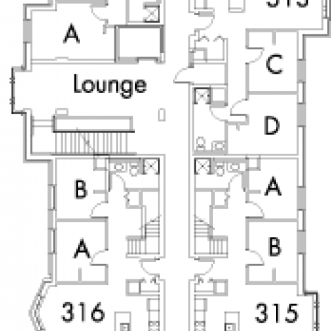 Village House 1 Floor 3, rooms 311 A,B,C,D and E, 313 A,B,C and D, 315 A and B, 316 A and B, 317 A and B, 318 A and B, with lounge and six stairwell.