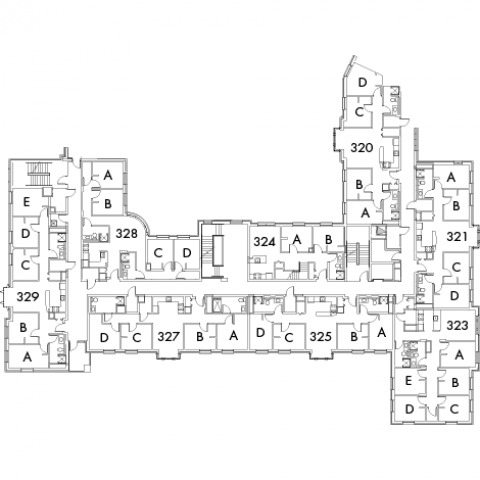 Village House 2 Floor 3 plan, rooms 324 A and B, 320 A,B,C and D, 321 A,B,C and D, 323 A,B,C,D and E, 325 A,B,C and D, 327 A,B,C and D, 328 A,B,C and D, 329 A,B,C,D and E with four stairwell.