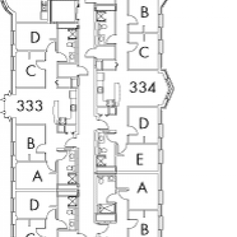 Village House 3 Floor 3, rooms 330, 331 A,B,C and D, 332 A,B,C and D, 333 A,B,C and D, 334 A,B,C,D and E, 335, and 336 A,B,C and D, with one stairwell.