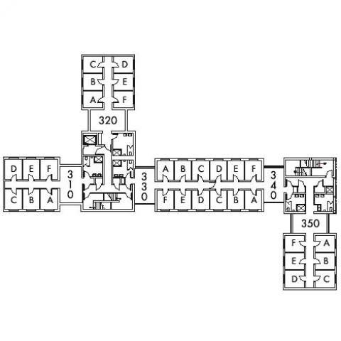 Alumni House Floor 3 plan, rooms 310 A,B,C,D,E and F, 320 A,B,C,D E and F, 330 A,B,C,D,E and F, 340 A,B,C,D,E and F, and 350 A,B,C,D,E and F, with six bathroom, and two stairwell