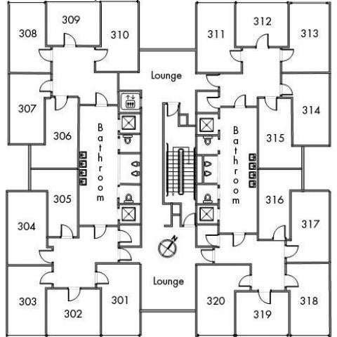 Storrs House Floor 3 plan, room 301, 302, 303, 304, 305, 306, 307, 308, 309, 310, 311, 312, 313, 314, 315, 316, 317, 318, 319, and 320 with two bathrooms, elevator, two lounges, one stairwell and a northwest orientation.