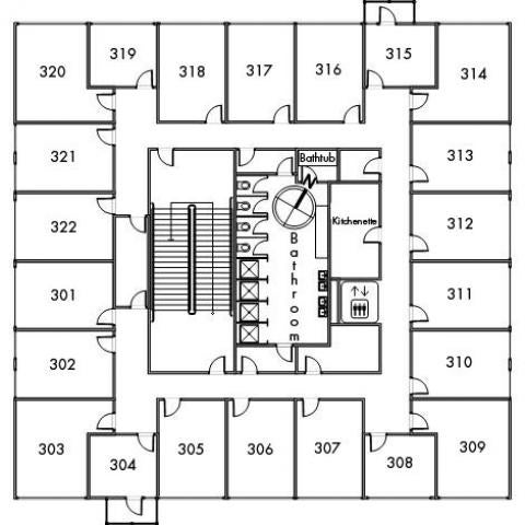 Raymond House Floor 3 plan, room 301, 302, 303, 304, 305, 306, 307, 308, 309, 310, 311, 312, 313, 314, 315, 316, 317, 318, 319, 320, 321 and 322, with bathroom, elevator, kitchenette, bathtub, one stairwell and a northwest orientation.