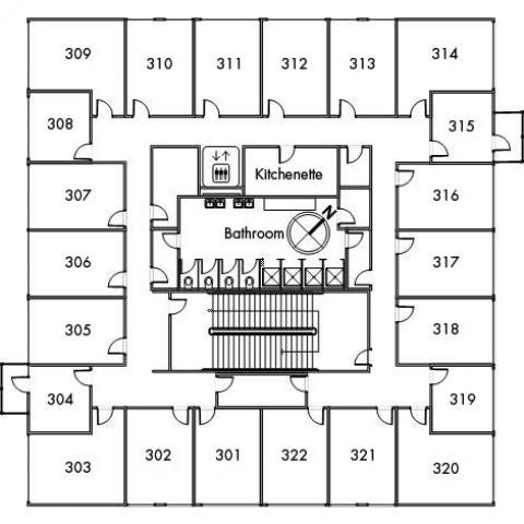 Sherman House Floor 3 plan, room 301, 302, 303, 304, 305, 306, 307, 308, 309, 310, 311, 312, 313, 314, 315, 316, 317, 318, 319, 320, 321 and 322, with bathroom, elevator, kitchenette, one stairwell and a northwest orientation.