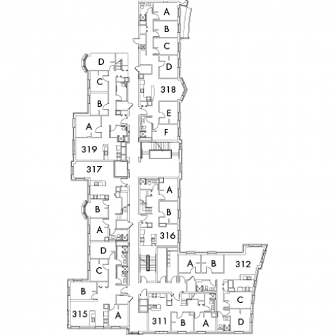 Village House 6 Floor 3 plan, rooms 311 A and B, 312 A,BC and,D, 315 A,B,C and D, 316 A and B, 317 A and B, 318 A,B,C,D,E and F, and 319 A,B,C and D, with four stairwell.