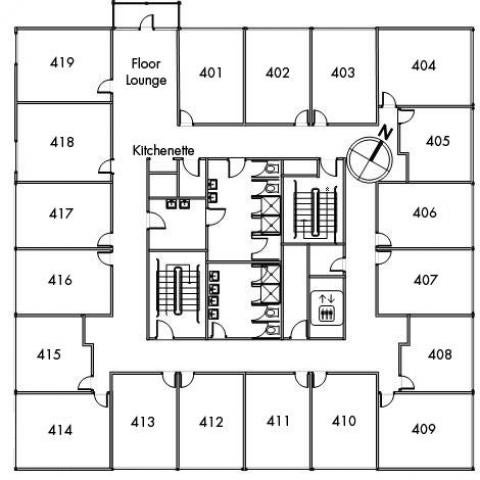 Taft House Floor 4 plan, room 401, 402, 403, 404, 405, 406, 407, 408, 409, 410, 411, 412, 413, 414, 415, 416, 417, 418, 419, with floor lounge, two bathrooms, elevator, kitchenette, two stairwell and a northwest orientation.