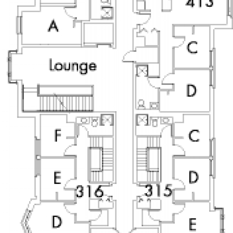 Village House 1 Floor 4, rooms 315 C,Dand E, 316 D,E and F, 317 C,D and E, 318 C,D and E, 411 A,B,C,D and E, 413 A,B,C and D, with lounge and 6 stairwell.