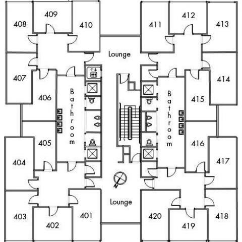 Pierce House Floor 4 plan, room 401, 402, 403, 404, 405, 406, 407, 408, 409, 410, 411, 412, 413, 414, 415, 416, 417, 418, 419, and 420, with two bathrooms, elevator, two lounges, one stairwell and a southeast orientation.