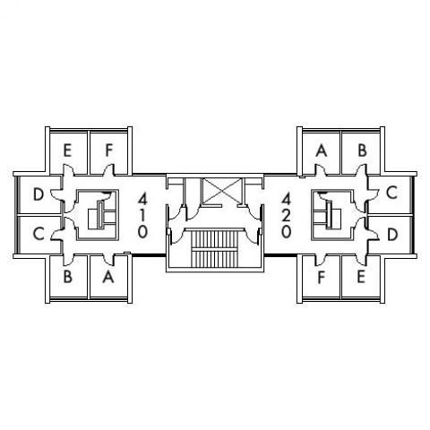 Staley House Floor 4 plan, rooms 410 A,B,C,D,E and F, and 420 A,B,C,D E and F, with one stairwell.