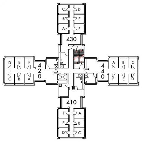 Kusch House Floor 4 plan, rooms 410 A,B,C,D,E and F, 420 A,B,C,D E and F, 430 A,B,C,D,E and F, and 440 A,B,C,D,E and F, with four bathroom and one stairwell.