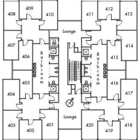 Storrs House Floor 4 plan, room 401, 402, 403, 404, 405, 406, 407, 408, 409, 410, 411, 412, 413, 414, 415, 416, 417, 418, 419, and 420 with two bathrooms, elevator, two lounges, one stairwell and a northwest orientation.