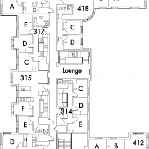 Village House 5 Floor 4 plan, rooms 311 C,D and E, 314 C,D and E, 315 E and F, 317 C,D and E, 412 A,B,C and D, 413 A,B,C and D,  418 A,B,C and D, 419 A,B,C and D, and 420 A,B,C and D, with lounge and seven stairwell.