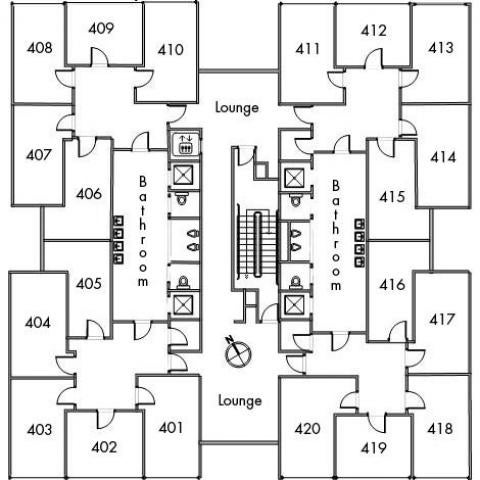 Cutler House Floor 4 plan, room 401, 402, 403, 404, 405, 406, 407, 408, 409, 410, 411, 412, 413, 414, 415, 416, 417, 418, 419, and 420, with two bathrooms, elevator, two lounges, one stairwell and a northeast orientation.