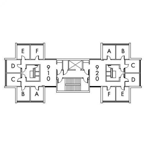 Staley House Floor 9 plan, rooms 910 A,B,C,D,E and F, and 920 A,B,C,D E and F, with one stairwell.