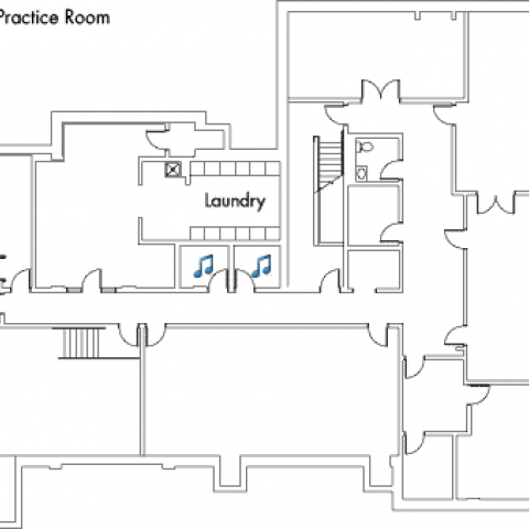 Village House 2 Basement with laundry, music practice room and four stairwell.