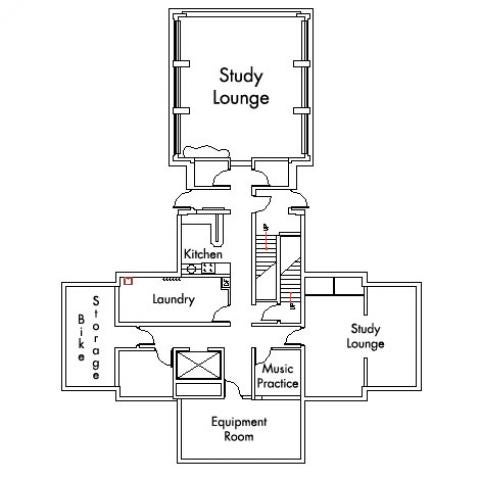 Glaser House Basement with storage garage, laundry, two study lounges, kitchen, music practice room, equipment room and stairwell.