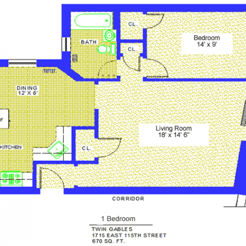 Unit 4, 10, 18 Floor Plan one bedroom at 1715 East 115th street, 670 sq. ft., bedroom 14' X 9', living room, 18' X 14'-6", kitchen, dining 12' X 8', with refrigerator, corridor, three closets and bath