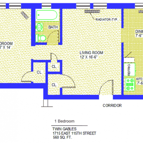 Unit 3, 6, 14, 22 Floor Plan one bedroom at 1715 East 115th street, 560 sq. ft., bedroom 9'-8" X 14', living room, 12' X 16'-6", kitchen 7'-6" X 6', dining 7'-6" X 9', with refrigerator, corridor, three closets, radiator-typ and bath