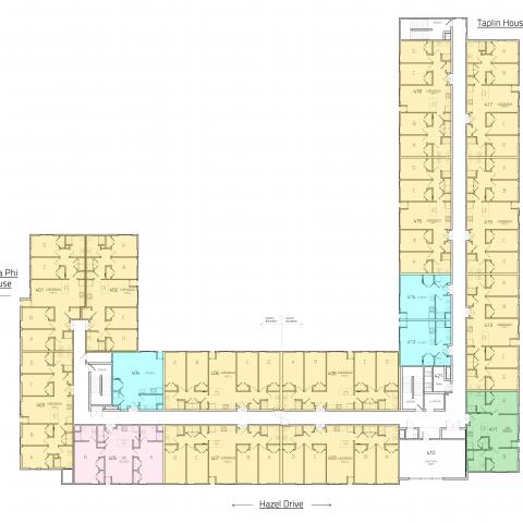 Hazel Apartments 4th floor. The 4 bedroom single apartments are in orange. These apartments are: 401, 402, 403, 406, 407, 408, 409, 413, 415, 416, 417, and 418. Each Apartment includes rooms A, B, C, and D. The 2 bedroom double apartment, 405, is shown in pink with rooms A and B. The 2 bedroom single apartment, 411, is shown in green with rooms A and B. The one person studio apartments are shown in blue. These apartments are: 404, 412, and 414. 