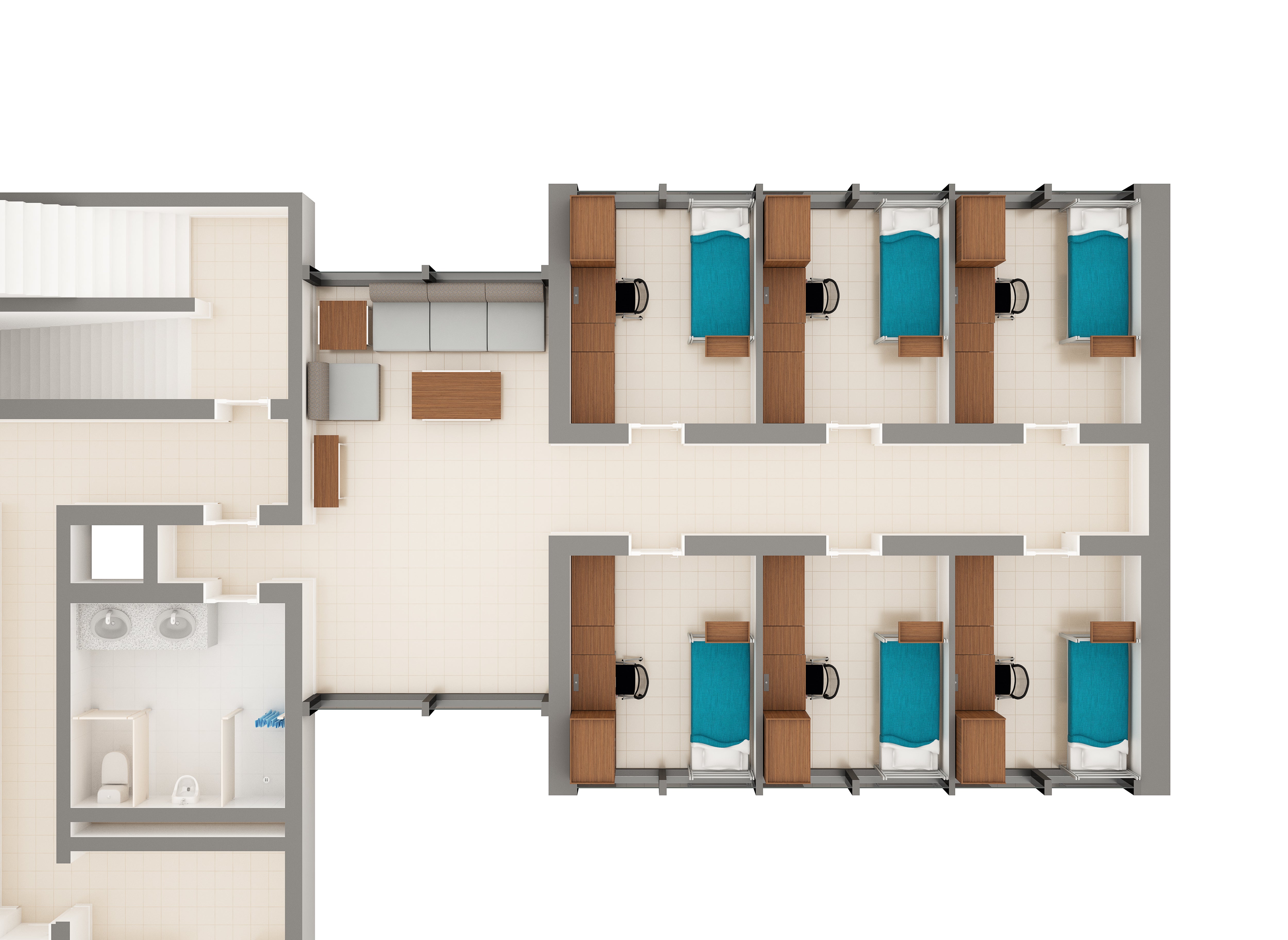 Alumni House suite layout image detailing apartment layout and furniture in each room