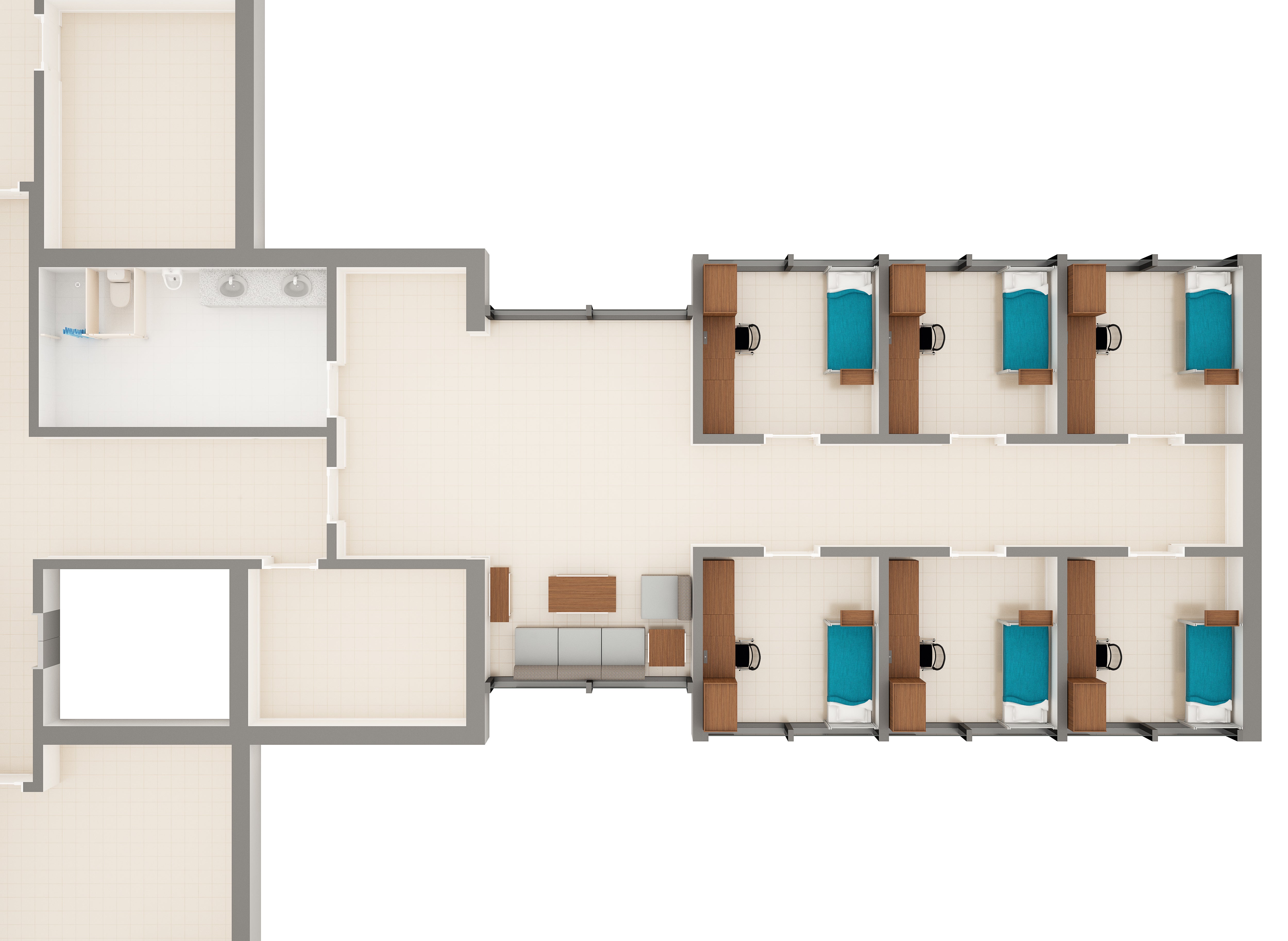 Michelson, Glaser, and Kusch Houses suite layout detailing furniture in each room