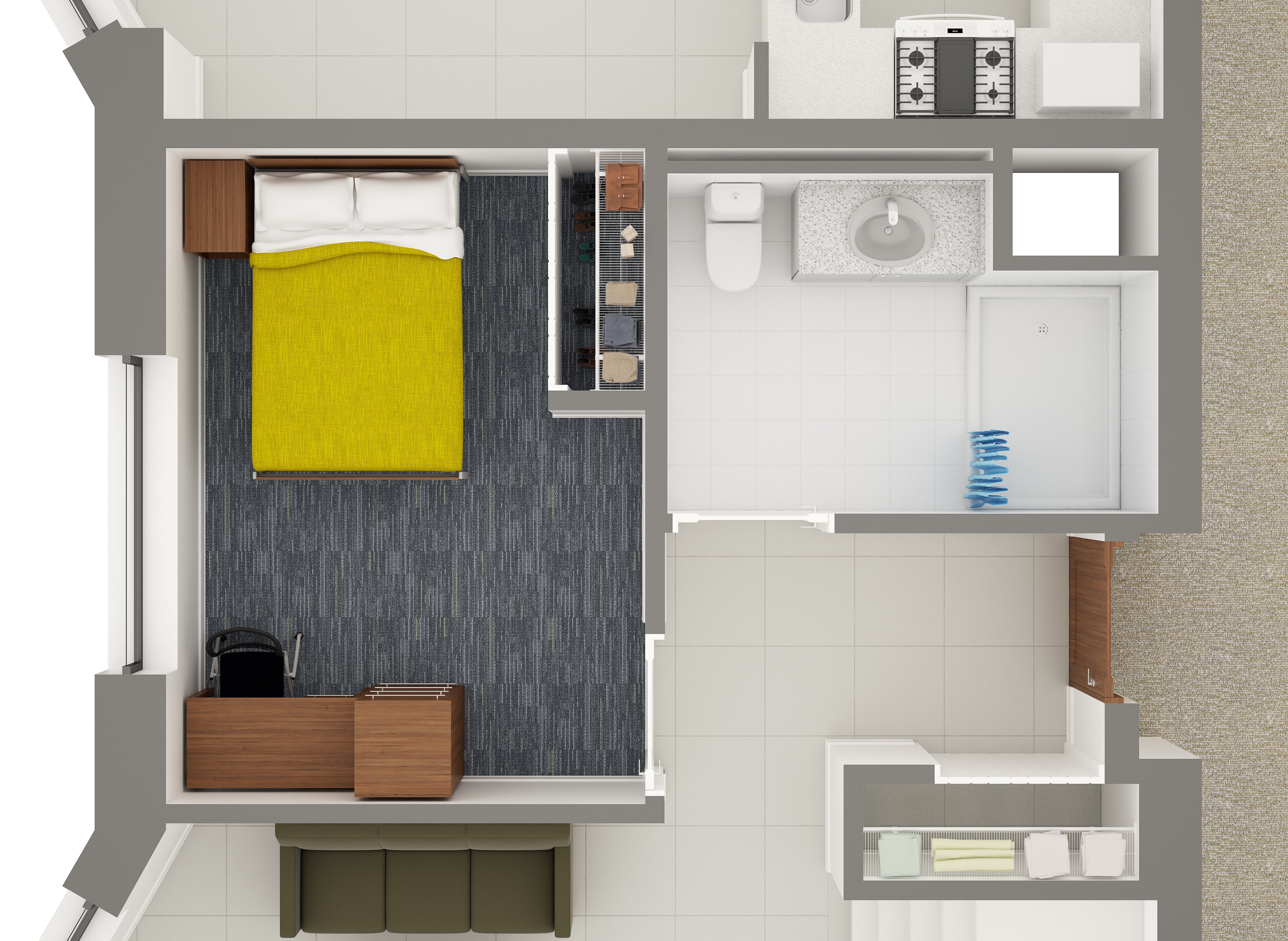 Village House layout focused on a bedroom, bathroom, and furniture in those spaces