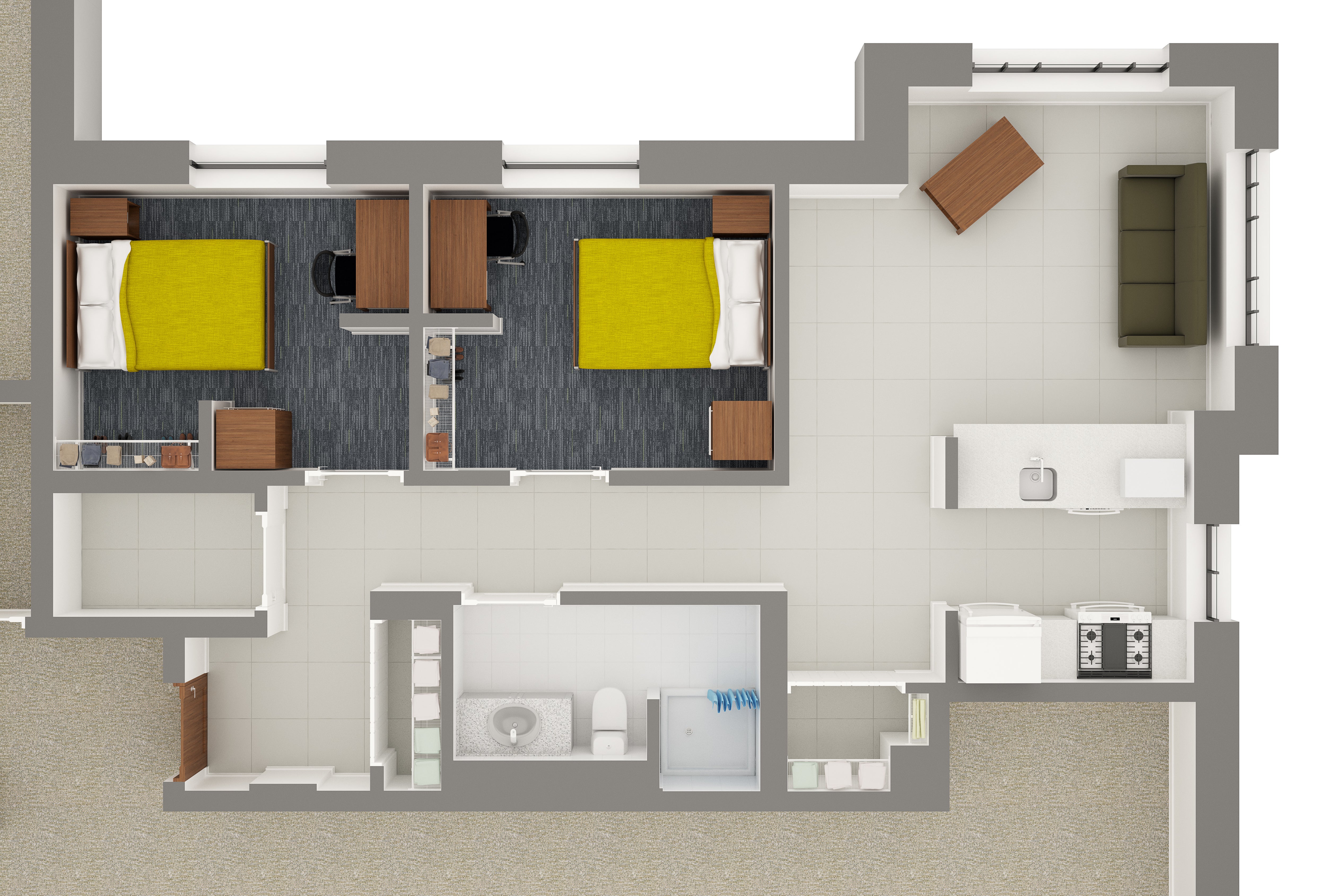 Village House 5 2-Person Apartment detailing furniture and room contents
