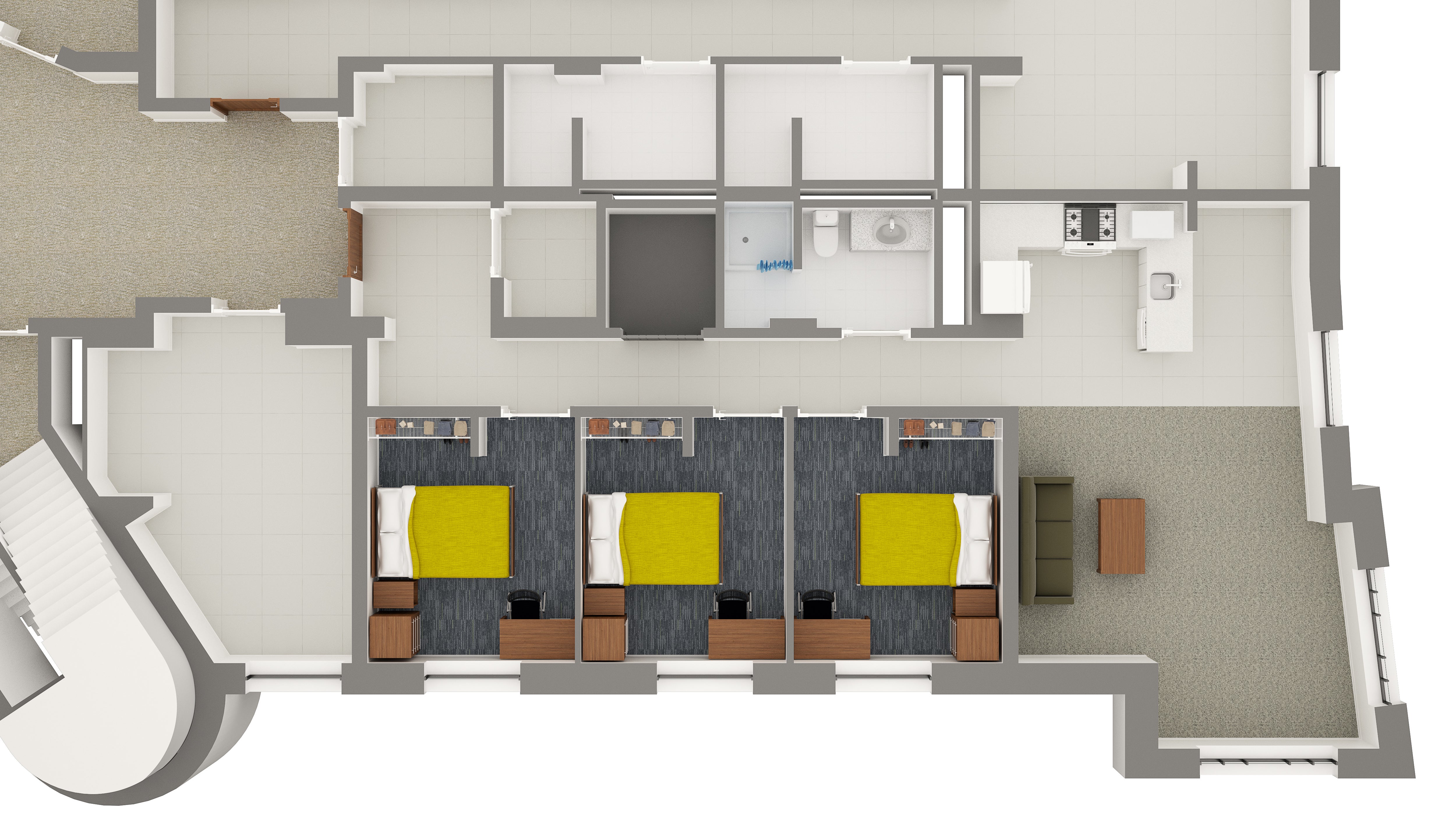 Village House 7 3-Person Apartment detailing furniture and room contents