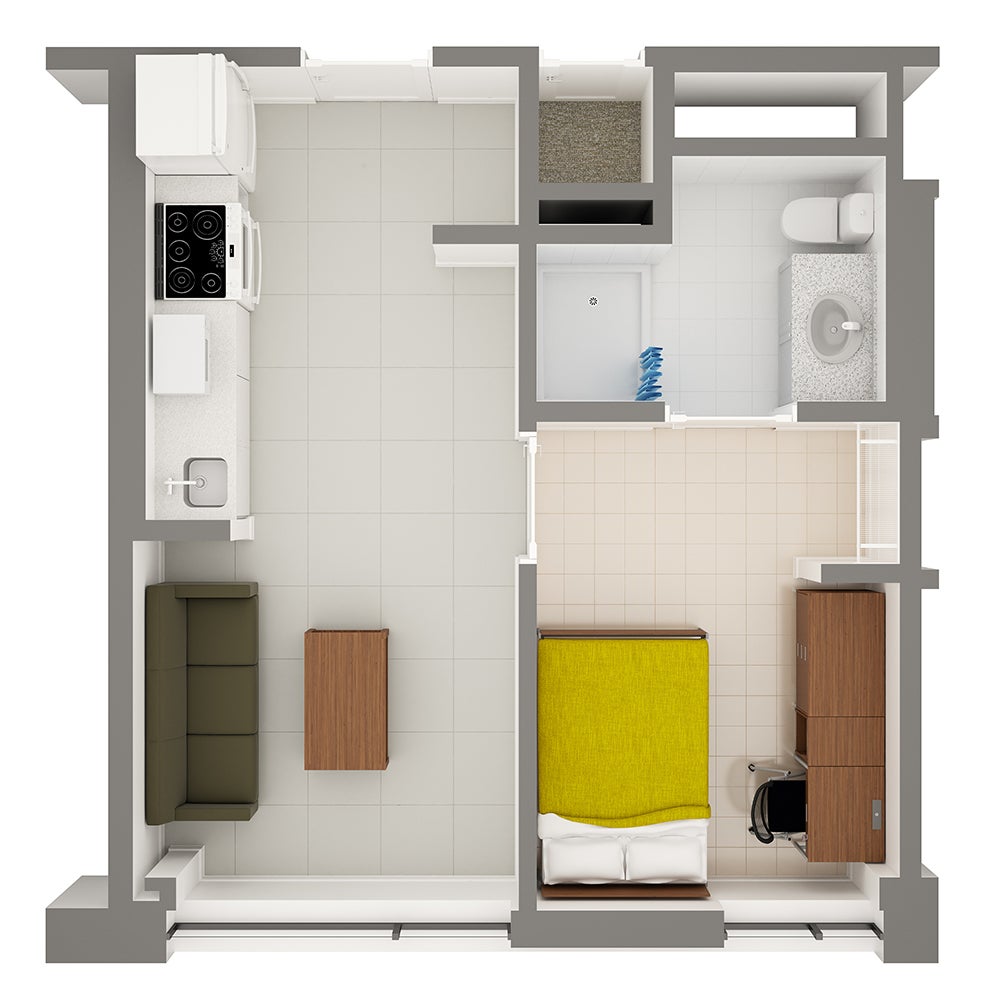 Stephanie Tubbs Jones Hall 1-Person Apartment Layout detailing rooms and furniture