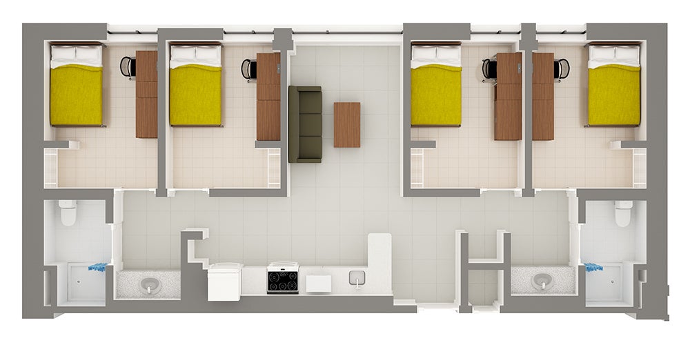 Stephanie Tubbs Jones Hall 4-Person Apartment Layout detailing rooms and furniture