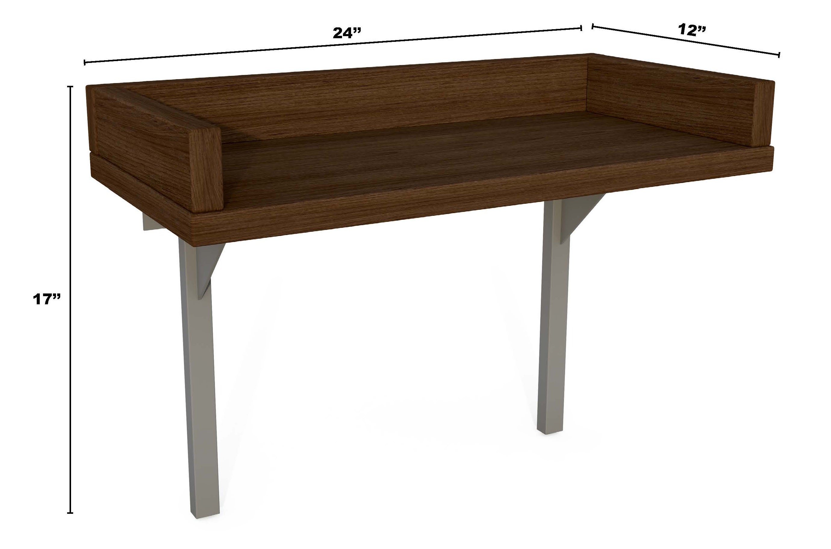 Dark wood bed shelf with dimensions 17" tall, 24" long and 12" wide