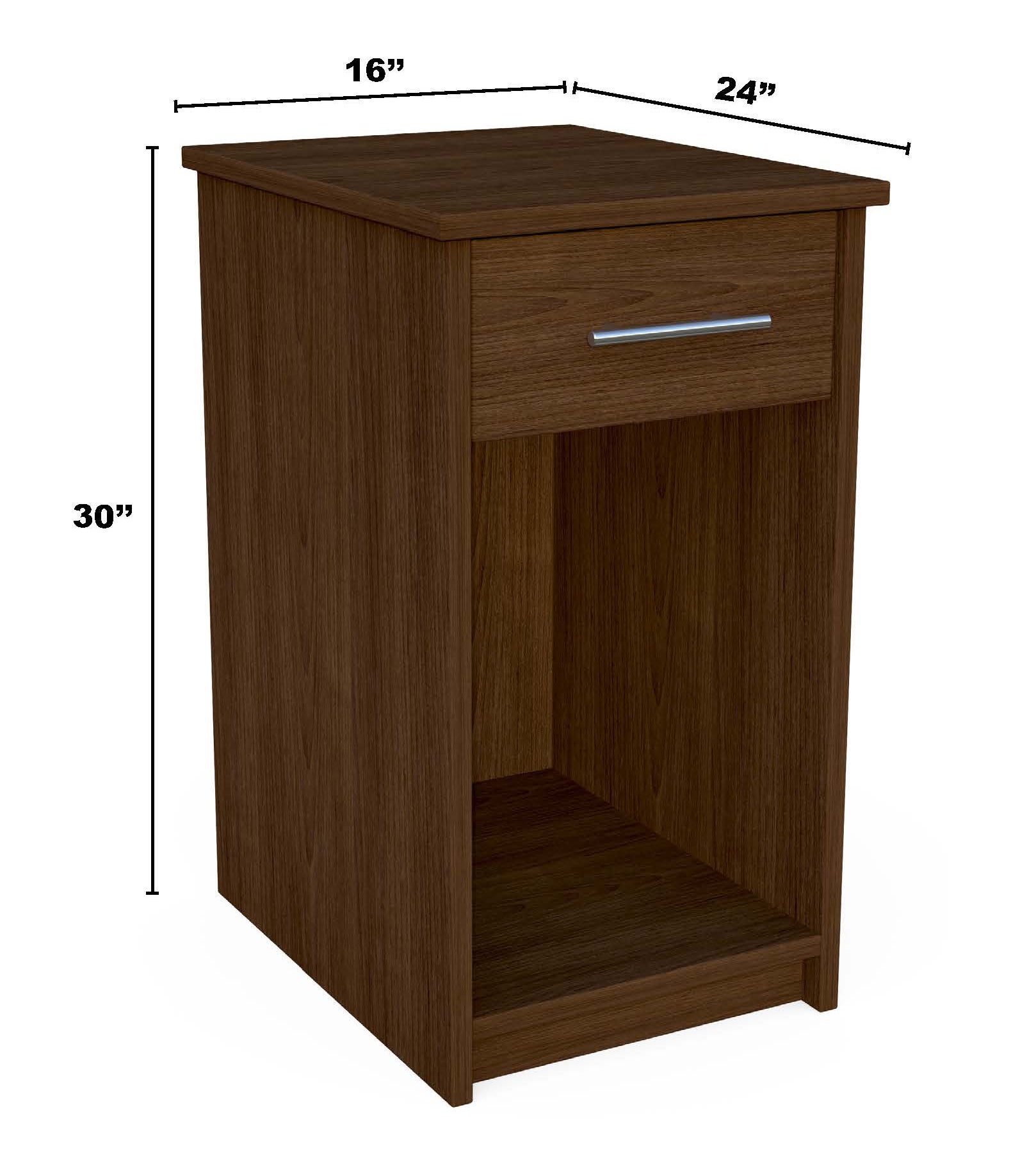 Dark wood bedside table with dimensions 30" X 16" X 24"
