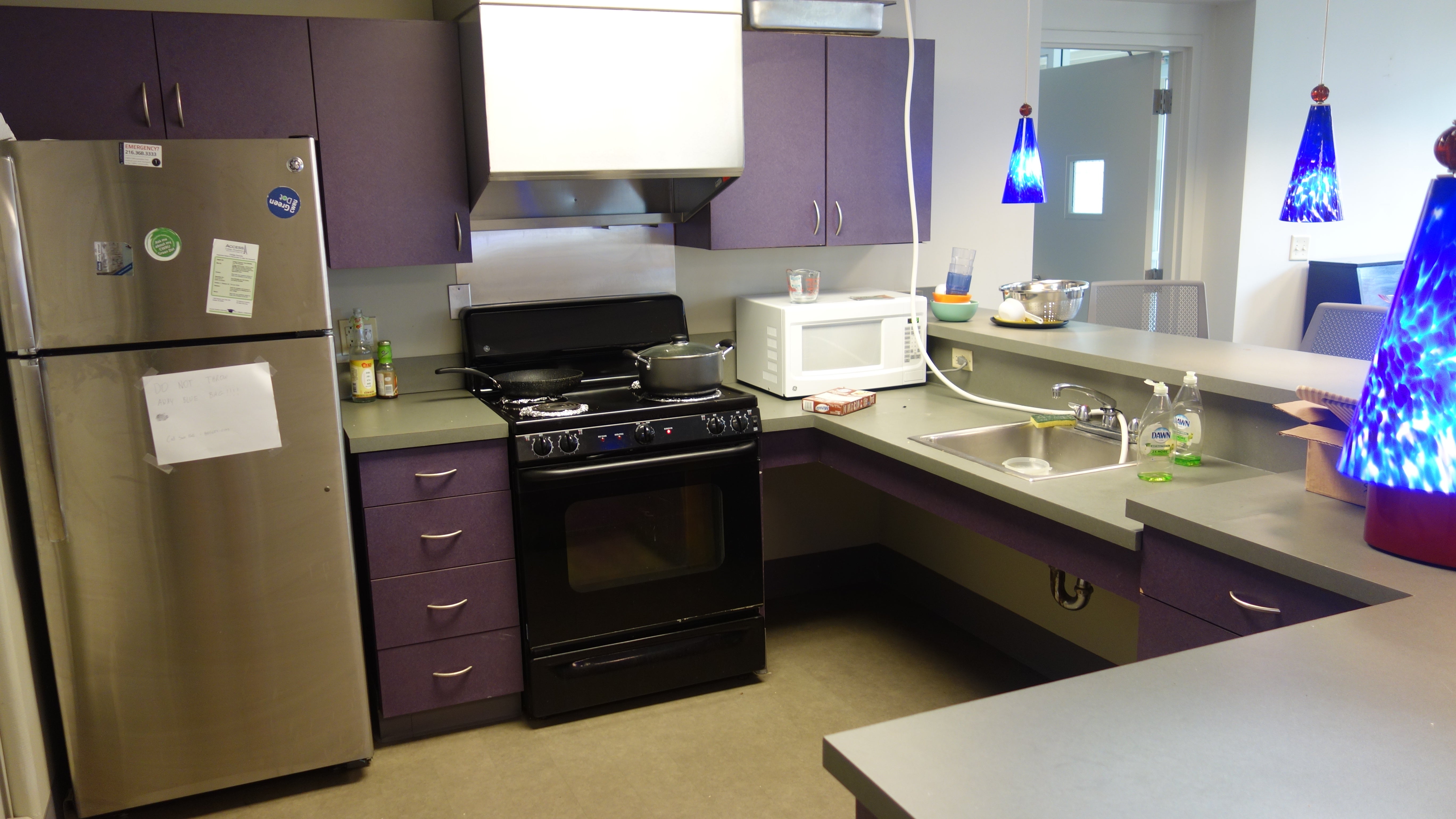 Alumni House Common Room Kitchen showing fridge, stove, sink, and microwave