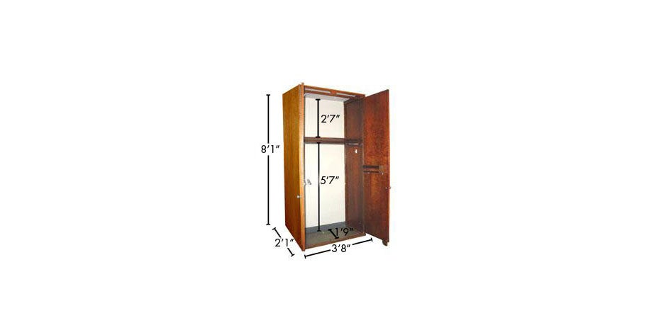 Wood closet with open doors with dimensions 8'-1" X 3'-8" X 2'-1", with 9" floor, front to back, 5'-7" floor to shelf, and 2'-7" shelf to top.