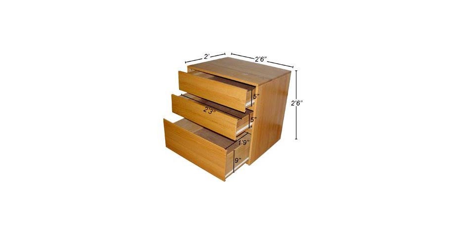 Wood dresser with open drawers 2'-3" wide, 5" tall, 1'-9" long with 9" side, and full dimensions 2'-6" X 2'-6" X 2'