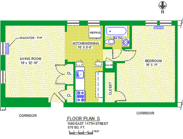 Unit 102 Floor Plan S at 1680 east 117th street, 570 sq. fr., bedroom 16' X 11", living room 16' X 12,-10", kitchen/dining 16" X 6'-5", with bath, two corridors and radiator-typ, three closets and refrigerator