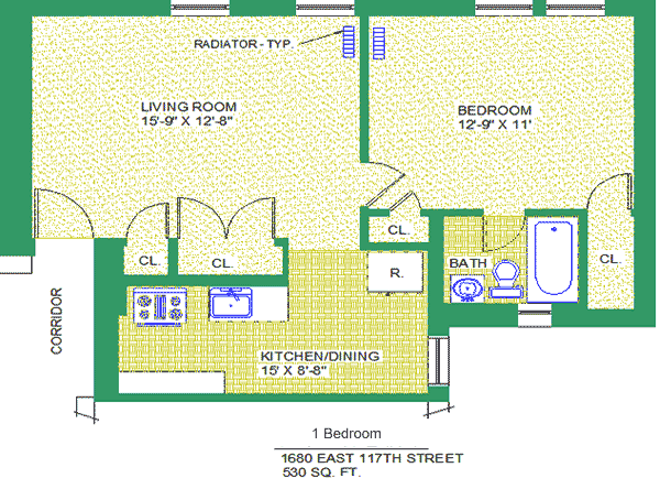 Unit 202, 302, 402 Floor Plan, 1 bedroom at 1680 east 117th street, 530 sq. ft., bedroom 12' X 9"-11', living room 15'-9" X 12'-8", kitchen/dining 15" X 8'-8", with bath, corridor, and radiator-typ, four closets, and refrigerator. 