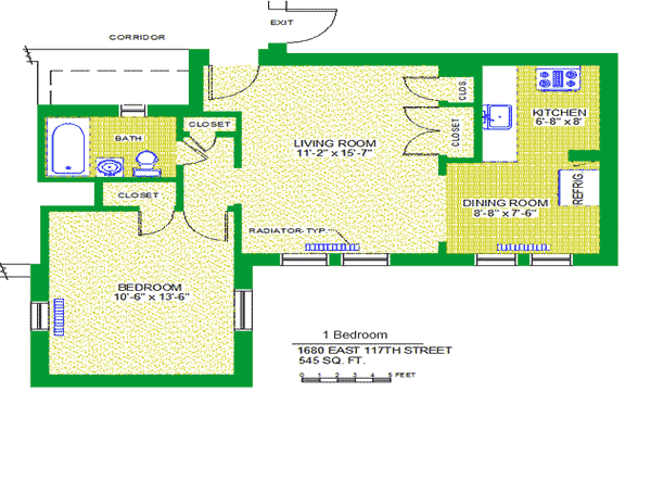 Unit 205, 305, 405 Floor Plan, 1 bedroom at 1680 east 117th street, 545 sq. ft., bedroom 10'-6" X 13'-6", living room 11'-2' X 15'-7", kitchen, 6'-8" X 8', dining room, 8'-8" X 7'-6", with bath, corridor and radiator-typ, four closets, refrigerator and exit
