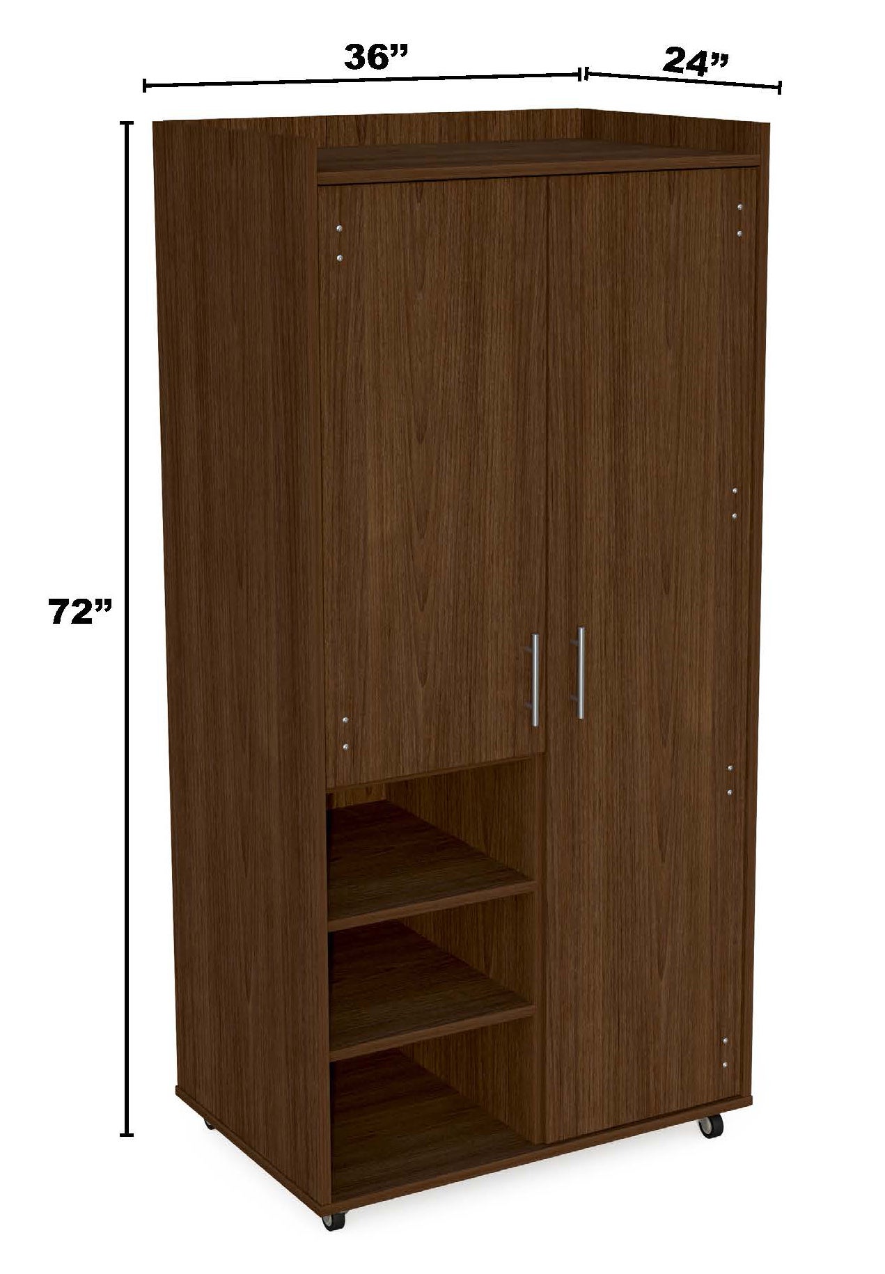 Dark wood wardrobe with dimensions 72" tall, 36" long and 24" wide