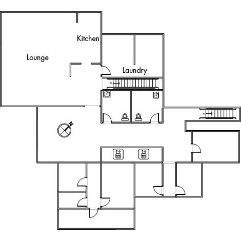 Clarke Tower Basement with lounge, kitchen, laundry room, two elevators, two restrooms and two stairs in a northwest orientation