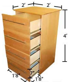Village and STJ dresser with open drawers with dimensions 4' tall, 2' long and 2' wide, with drawers 1'-8" X 7" and 1'-8" deep 
