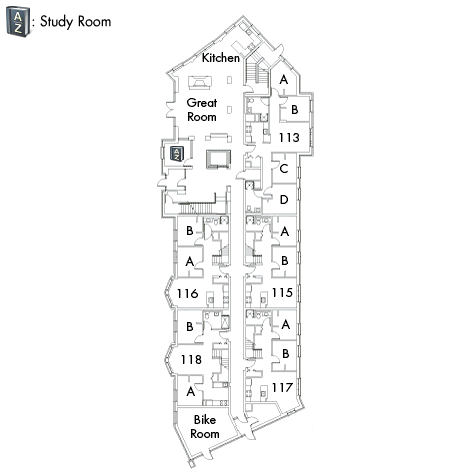 Village House 1 Floor 1, rooms 113 A,B,C and D, 115 A and B, 116 A and B, 117 A and B, 118 A and B, with bike room, great room, kitchen, AZ study room and six stairwell.