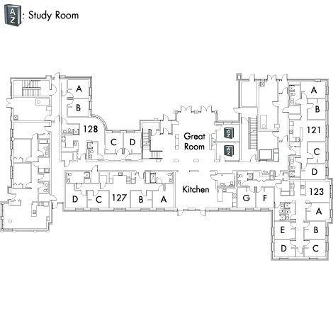 Village House 2 Floor 1 plan, with rooms 121 A,B,C and D, 123 A,B,C,D,E,F and G, 127 A,B,C and D, and 128 A,B,C and D, with great room, kitchen, AZ study room and three stairwell.