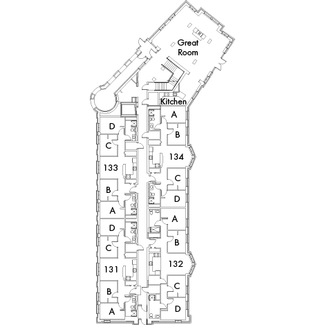 Village House 3 Floor 1, rooms 131 A,B,C and D, 132 A,B,C and D, 133 A,B,C and D, 134 A,B,C and D, with kitchen, great room and one stairwell.