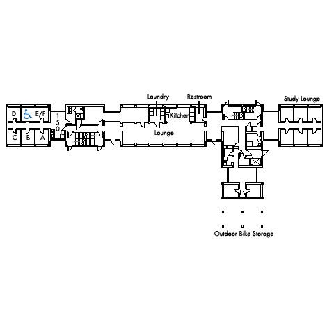 Tippit House Floor 1 plan, room 150 A,B,C,D,E and F, with laundry, two bathroom, lounge, study lounge, outdoor bike storage and two stairwell.
