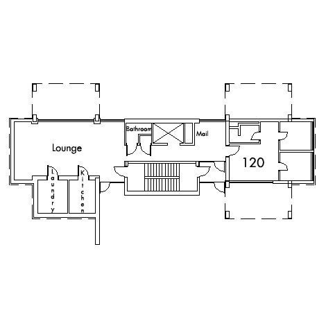 Staley House Floor 1 plan, room 120, with lounge, bathroom, mail room, laundry, kitchen and stairwell.