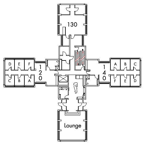 Michelson House Floor 1 plan, rooms 120 A,B,C,D,E and F, 130, and 140 A,B,C,D E and F, with lounge and three bathroom and one stairwell.