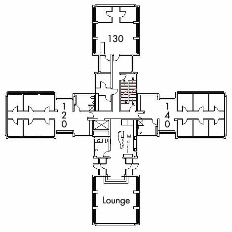 Glaser House Floor 1 plan, rooms 120, 130 and 140, with lounge, three bathroom, mailroom and one stairwell.